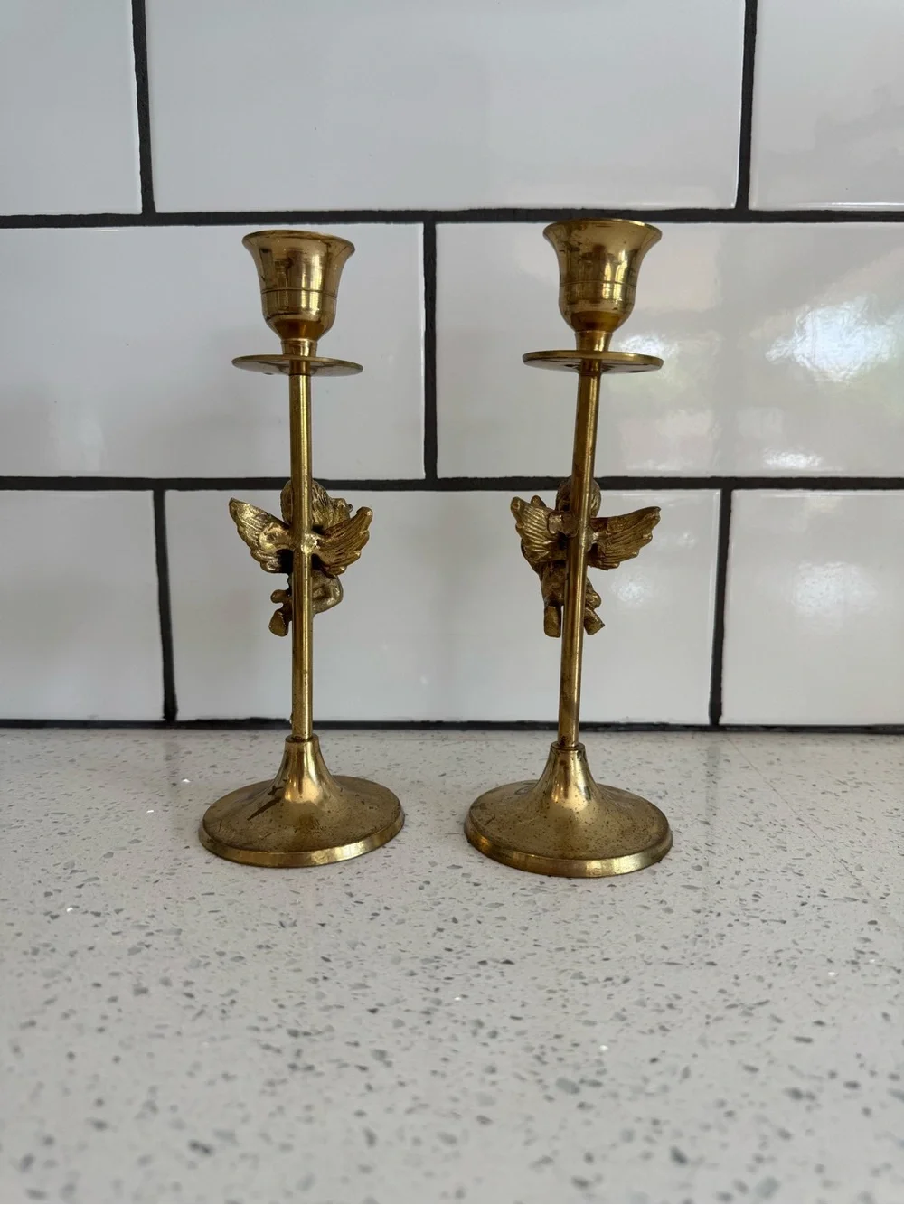 Vintage Pair Brass Cherub Angel Candle Holders